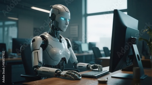 A robot is sitting at a desk working with computer in an office environment