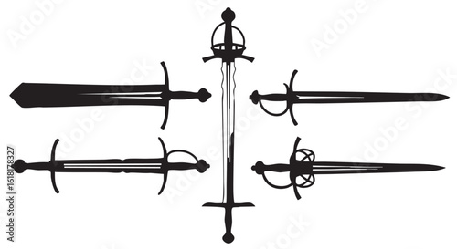 Collection of Medieval Swords Silhouettes for Design Projects and Historical Illustrations Black and White Image