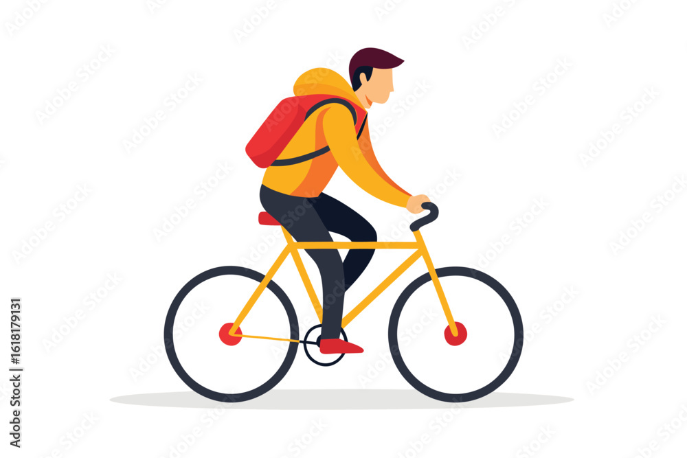 Fototapeta premium Man riding yellow bicycle with red backpack, wearing yellow jacket and dark trousers