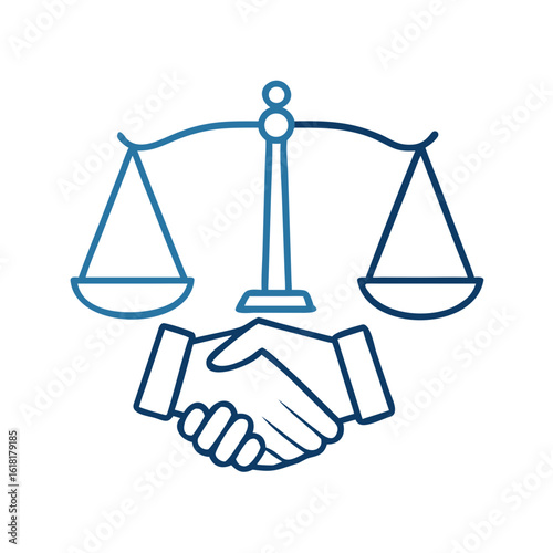 Scales and a handshake symbolizing justice, harmony and partnership