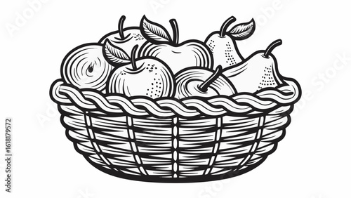 Illustration of a woven basket overflowing with fresh apples and pears with leaves in black and white line art