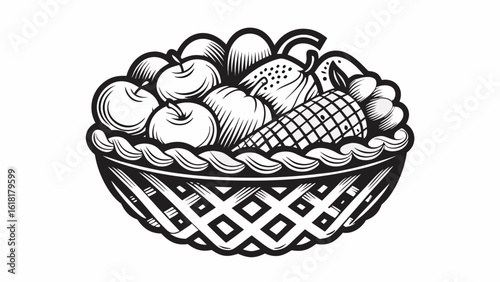 Illustration of a basket filled with various fruits including apples pears and a pineapple in black and white