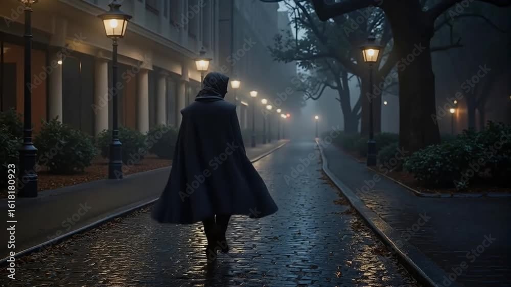 una misteriosa figura encapuchada en una calle urbana envuelta en niebla. El ambiente inquietante y el parpadeo de las farolas crean una atmósfera de suspense, perfecta para contar historias.