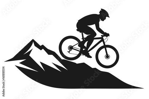Mountain Biker Silhouette Riding Down Steep Mountain, Black and White Illustration