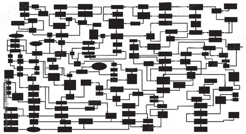Complex System Diagram of Black Shapes and Connecting Lines Exploring Interconnectivity and Workflow Processes for Business or Technology Concepts