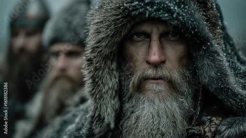 Viking Warriors in Fur Cloaks Amidst Snowy Landscape