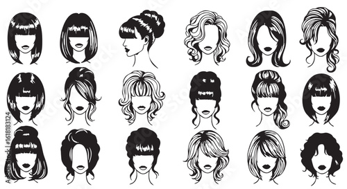 Diverse Collection of Women Hairstyles Black and White Line Art Illustrations for Fashion and Beauty Industry Resources