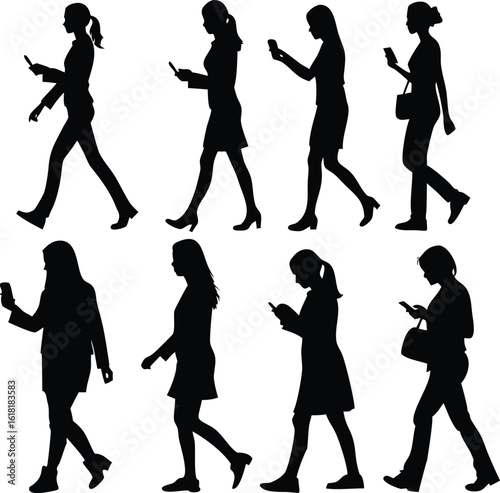 Women Walking Silhouettes Vector – Elegant Female Figures in Motion, Side and Front Views, Stylish Ladies Walk Cycle, Fashion and Fitness Silhouettes for Design Use
