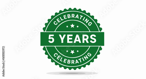 Green circular anniversary seal celebrating 5 years A vector graphic badge with white text stars and a distinctive scalloped edge.