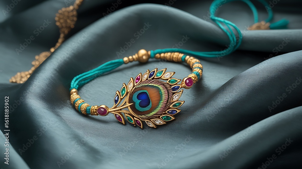 Fototapeta premium A beautiful peacock rakhi bracelet on a silk cloth