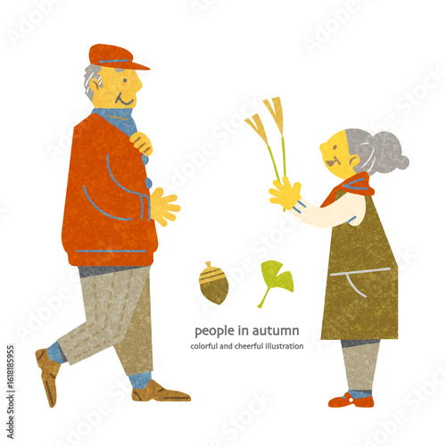 秋を楽しむ人々　カラフルで楽しい手描き風人物イラスト