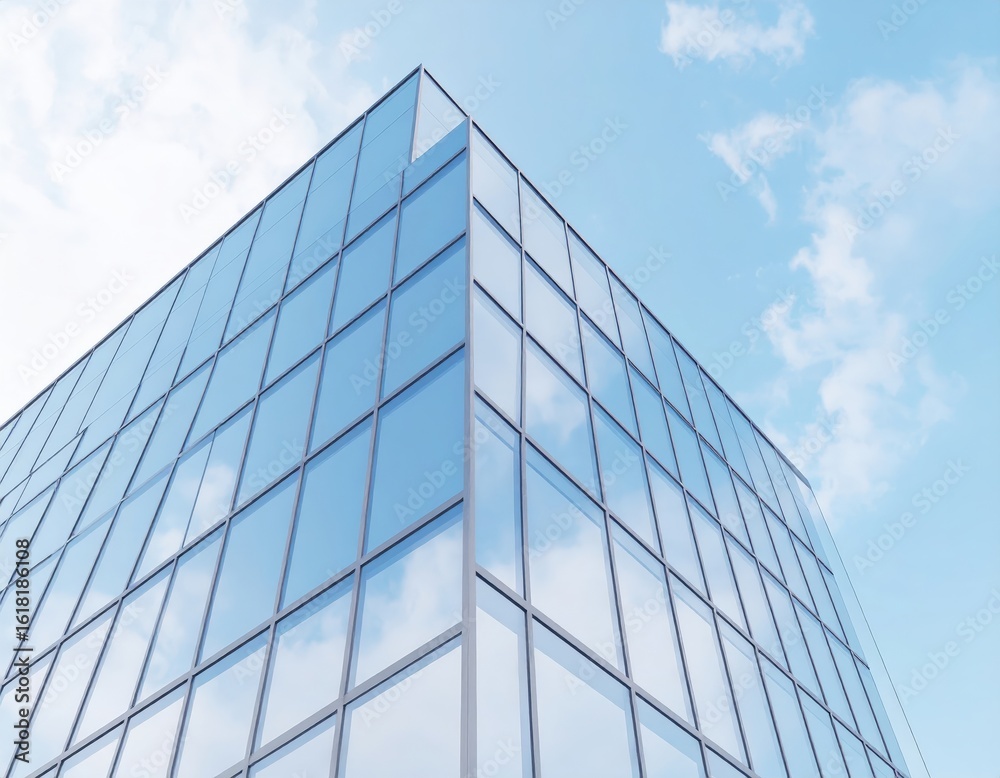 Modern Glass Building Corner Reflecting Sky and Clouds Architectural Minimalism. Modern Glass Building Corner Reflecting Sky and Clouds Architectural Minimalism.