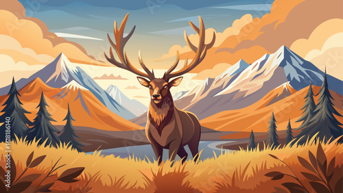 Majestic stag stands proudly in a mountain landscape at sunset
