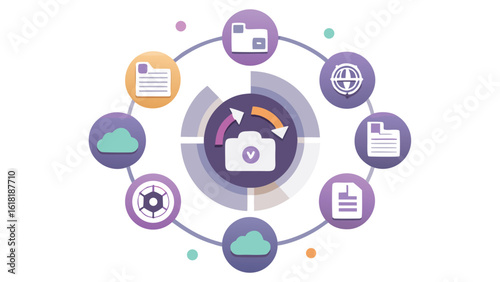 Business data storage illustration featuring cloud technology and data transfer with file management for data security and global networking connectivity and camera