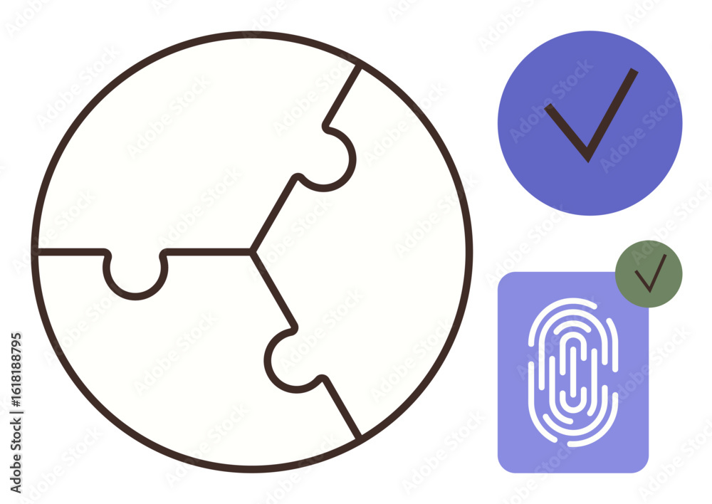 Fototapeta premium Circular puzzle split into sections, fingerprint, and checks signify unity, authentication, and trust. Ideal for security, teamwork, identity, problem-solving collaboration compliance innovation