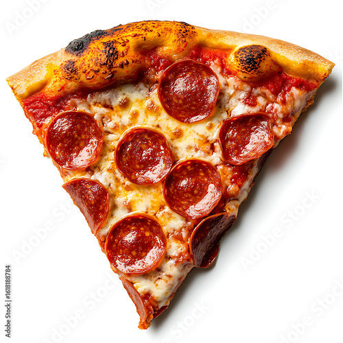 A slice of pepperoni pizza with melted cheese and slightly charred crust