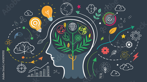 Creative mindset brainstorming and innovation concept with head profile ideas generating business strategy and development growth opportunities in technology