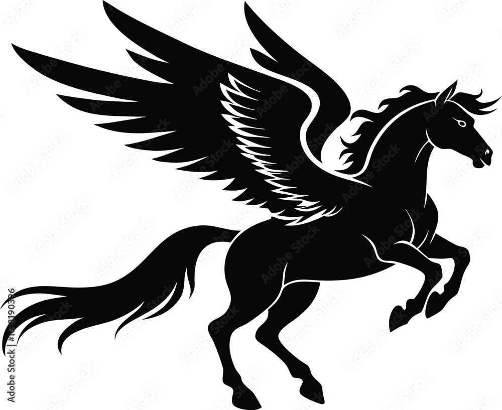 Fototapeta premium Flying pegasus silhouette, line art, silhouette illustration, mythical horse, vector graphic
