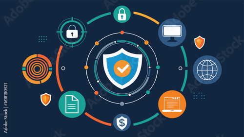 Cybersecurity protection shield with secure connection and network technology icons safety data privacy and information technology flat design