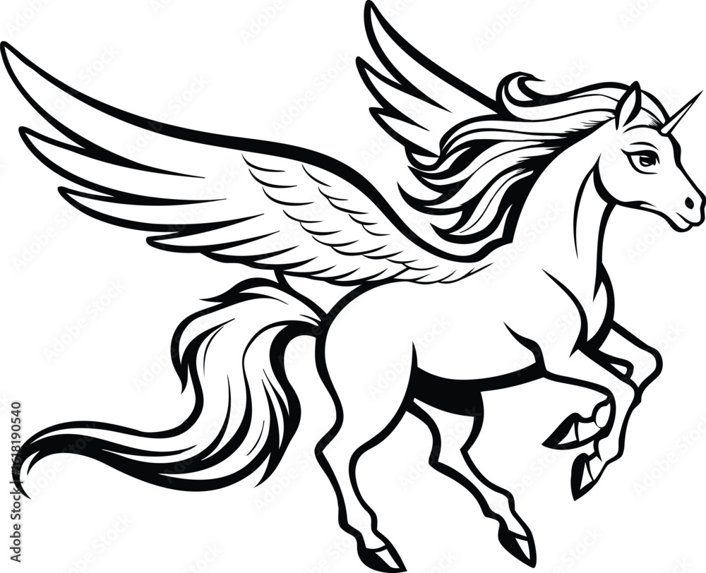 Fototapeta premium Flying pegasus silhouette, line art, silhouette illustration, mythical horse, vector graphic