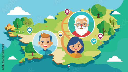 Family trip planning on a map with location markers and people portraits vacation planning adventure getaway travel destinations illustrated map with icons and people