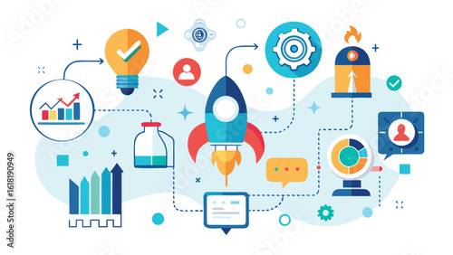 Flat design business startup success vector concept rocket launch idea generation analytics and development financial growth solution data management strategy innovation and investment