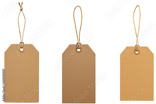 Three brown rectangular price tags with strings, isolated on white background for rustic retail, natural product labeling,
