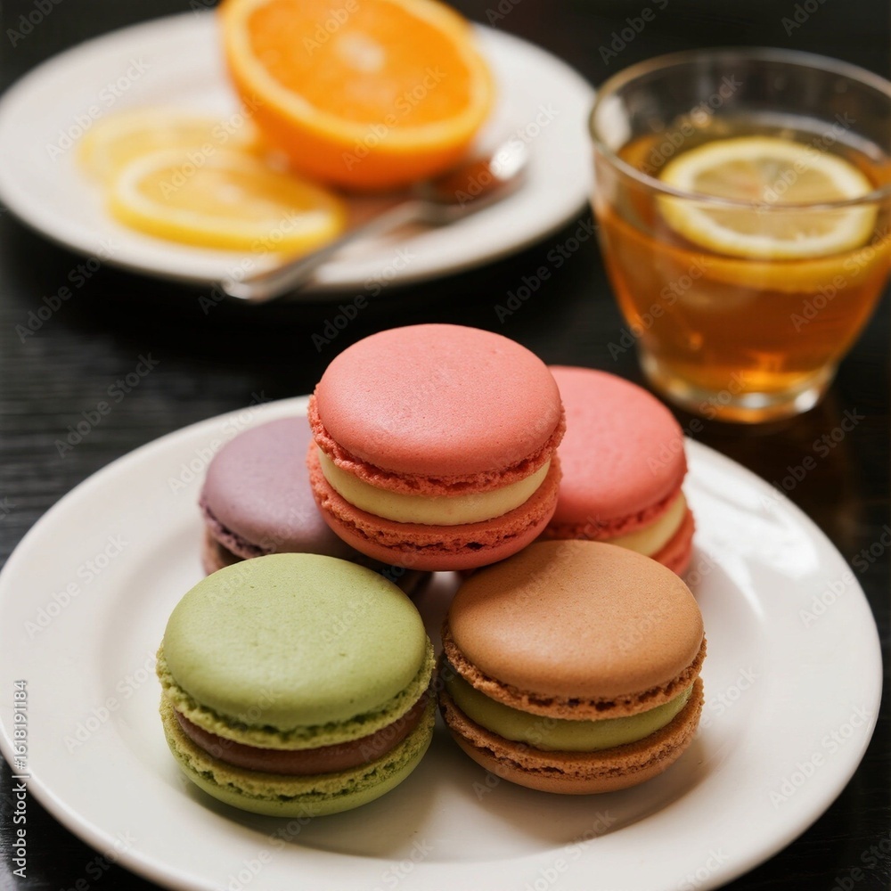 Obraz premium Macarons and fruit tea