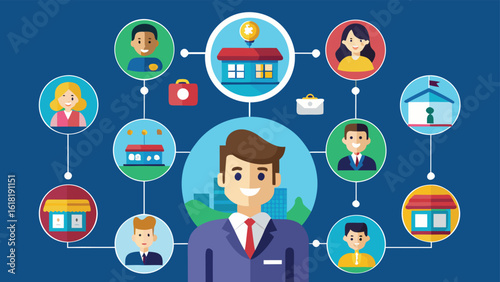 Flat design realtor network with buildings and clients connecting via lines representing property management and real estate services in a modern business presentation background