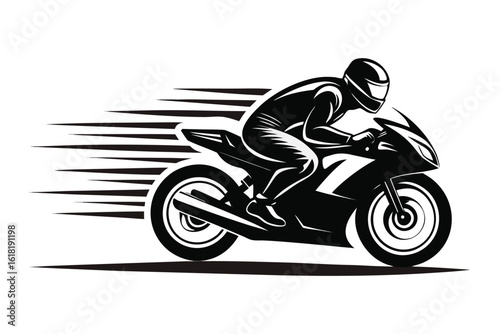 Stylized Illustration of a Motorcyclist Wearing a Helmet Riding a Black and White Motorcycle at Speed