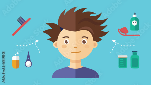 Flat vector boy with oral hygiene items set against a light blue background illustration of healthy routine and daily life