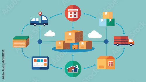 Flat vector illustration of logistics network delivery service with boxes trucks tablets for e commerce and transportation concept supply chain management and global distribution