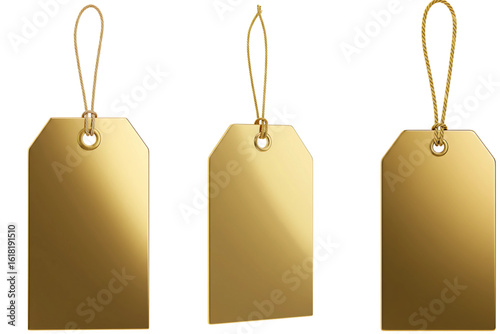 Three golden rectangular price tags with strings, isolated on white background for luxury retail, special offers, and premium product branding.