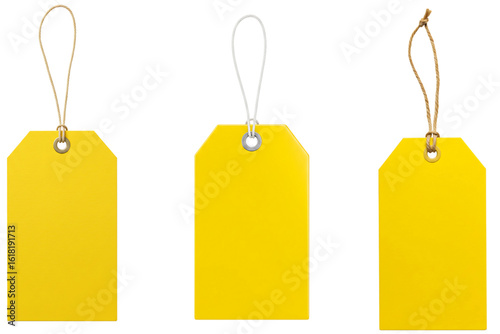 Three yellow rectangular price tags with strings, isolated on white background for retail, sales