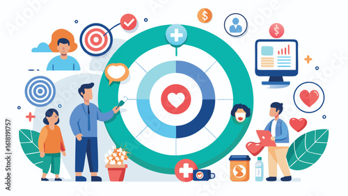 Healthcare data visualization with patient focus targeting success in medical and business goals flat vector design illustration for web development and mobile app