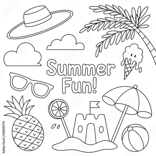 Summer Fun Coloring Page with Beach Elements Outlined for Kids Activities and Creative Projects Awaiting Artistic Touch