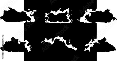 Wide design of set of smoke or steam clouds over black background
