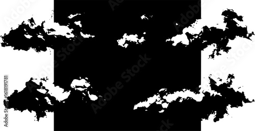 Wide design of set of smoke or steam clouds over black background
