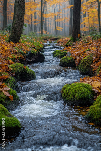 Moss-covered stream flowing through a wooded area with fallen leaves.