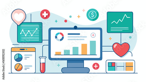 Medical data analysis dashboard with charts and graphs for healthcare technology with computer screen and financial reports for diagnosis and statistics