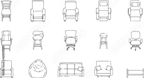 Create a kinds of deferent Chair outline top view. Floor plan icons set for design interior and architectural project. Furniture thin line icon in top view for layout. vector art with white background