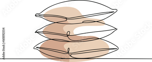Minimalist continuous one line drawing of stacked pillows, symbolizing rest, comfort, and cozy interior design on white background

