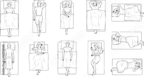 Create a kinds of deferent CAD Drawing of men, women, sleeping top view. Symbol for architecture and landscape design drawing. vector art with white background.