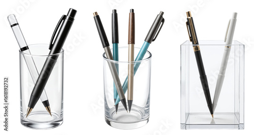 Elegant Writing Instruments in Glass Containers - Black and Silver Pens in Transparent Holders for Office Organization, Business Stationery, and Corporate Branding