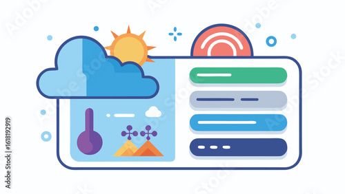 Modern weather app interface vector illustration with cloud sun thermometer and rainbow for forecast design and ui development