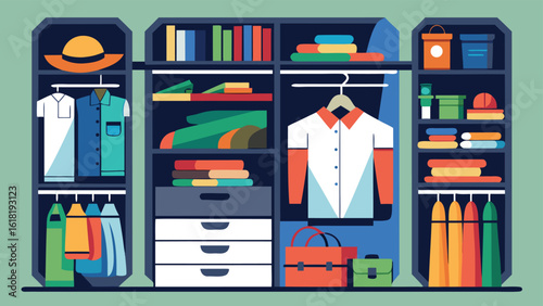 Organized closet full of clothes and accessories vector illustration showcasing wardrobe storage solutions with colorful apparel and neat arrangement featuring drawers shelves and hangers