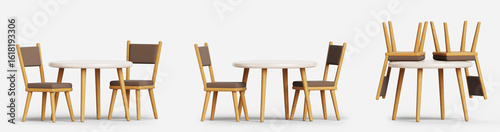 Dining room group, round table and chairs upside down. Render 3d set of empty interior furniture for home, restaurant or cafe. Kitchen desk of white plastic top, wooden legs and seats. 3D illustration