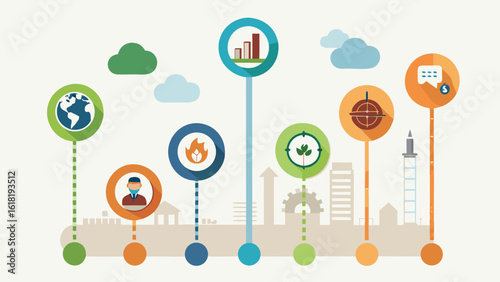 Sustainable growth infographic showing global impact on economy environment health and technology with cityscape background