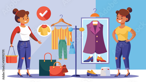 Two stylish women fashion shopping spree choosing outfit clothes display rack with various accessories and bags in a modern store
