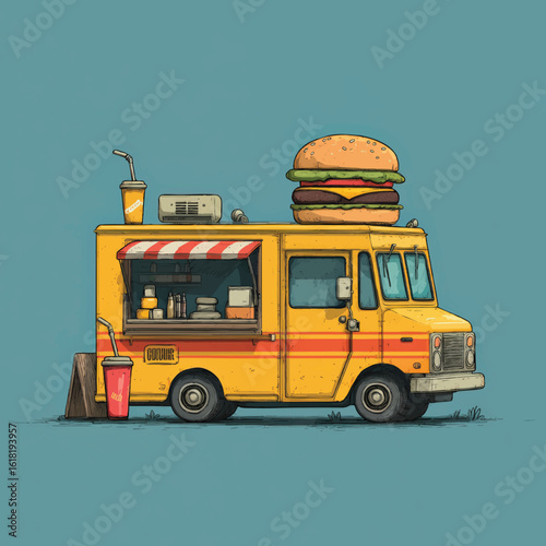 Food truck illustration with burger and drinks